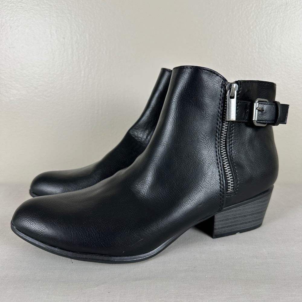 Esprit Women's 9.5 Tainn Ankle Bootie Black Faux Leather Buckle Strap Low Heel